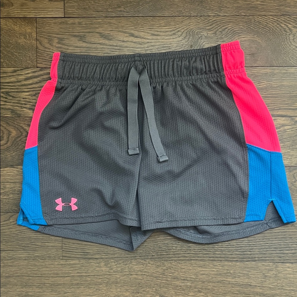 Under Armour Gray Athletic Shorts with Pink & Blue Side Panels Youth Size Large